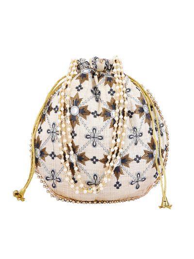 Beige Floral Embellished Silk Designer Potli Bag / Hand Bag