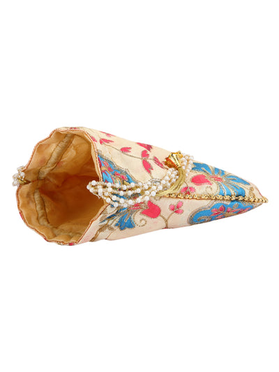 Beige Floral Embellished Silk Designer Potli Bag / Hand Bag