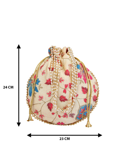 Beige Floral Embellished Silk Designer Potli Bag / Hand Bag