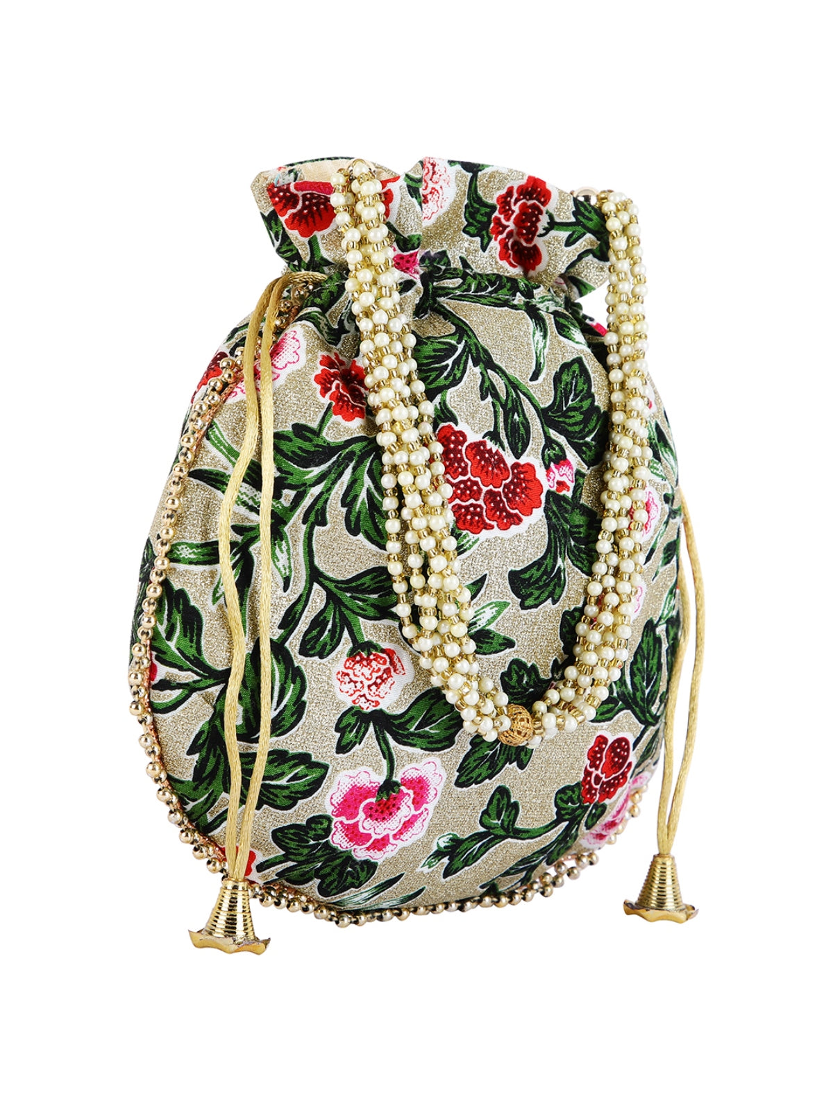 Green & Gold Floral Embellished Silk Designer Potli Bag / Hand Bag