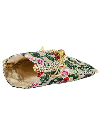 Green & Gold Floral Embellished Silk Designer Potli Bag / Hand Bag