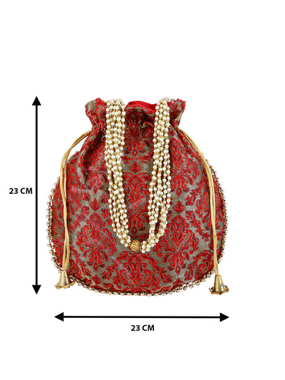 Maroon & Gold Damask Embellished Silk Designer Potli Bag / Hand Bag