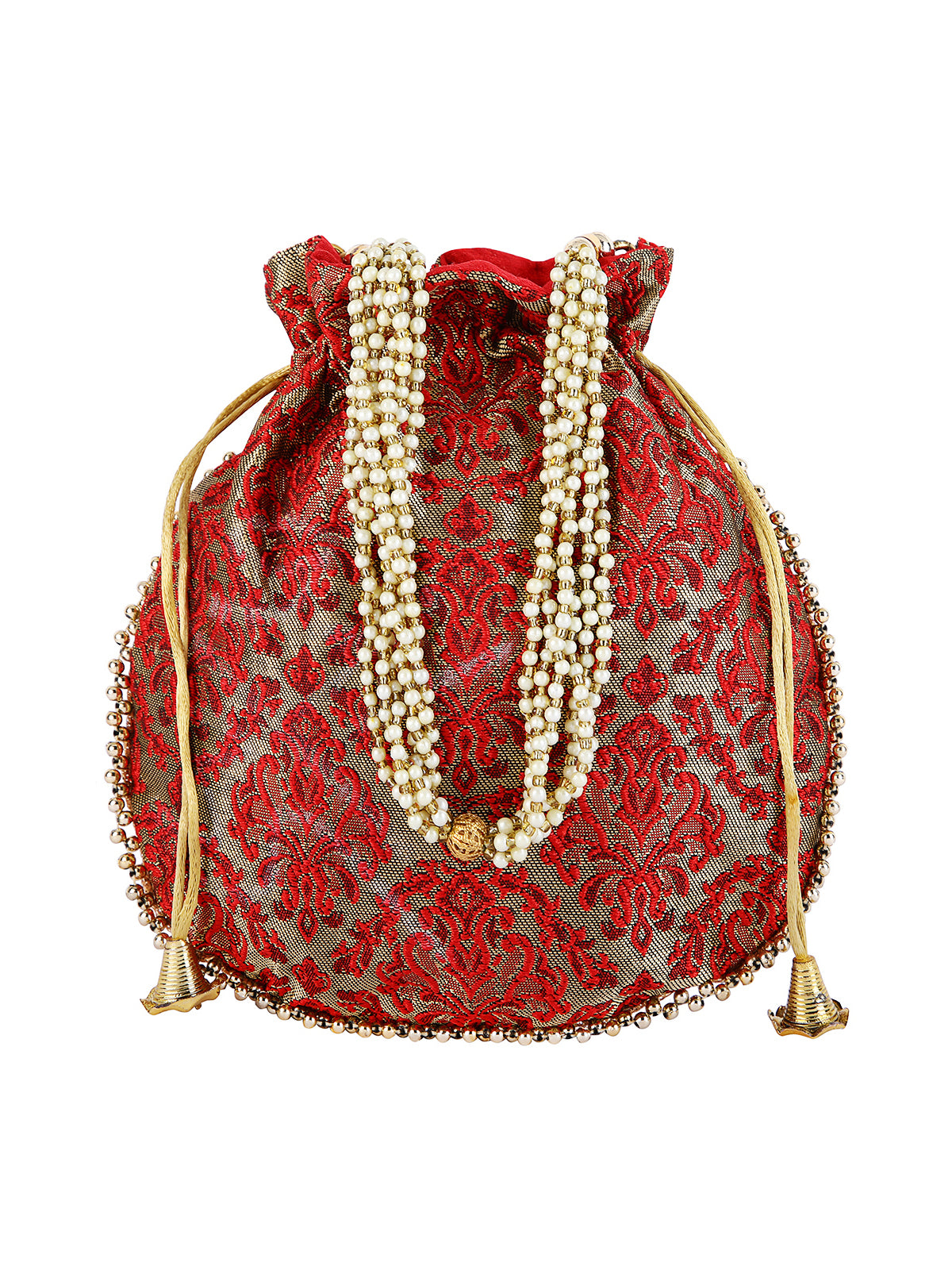 Maroon & Gold Damask Embellished Silk Designer Potli Bag / Hand Bag