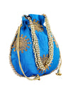 Blue & Gold Floral Embellished Silk Designer Potli Bag / Hand Bag