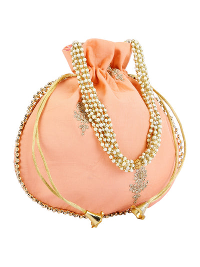 Peach Floral Embellished Silk Designer Potli Bag / Hand Bag