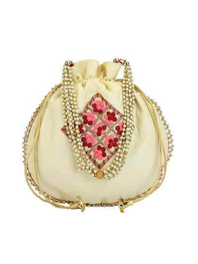 Cream Floral Embellished Silk Designer Potli Bag / Hand Bag