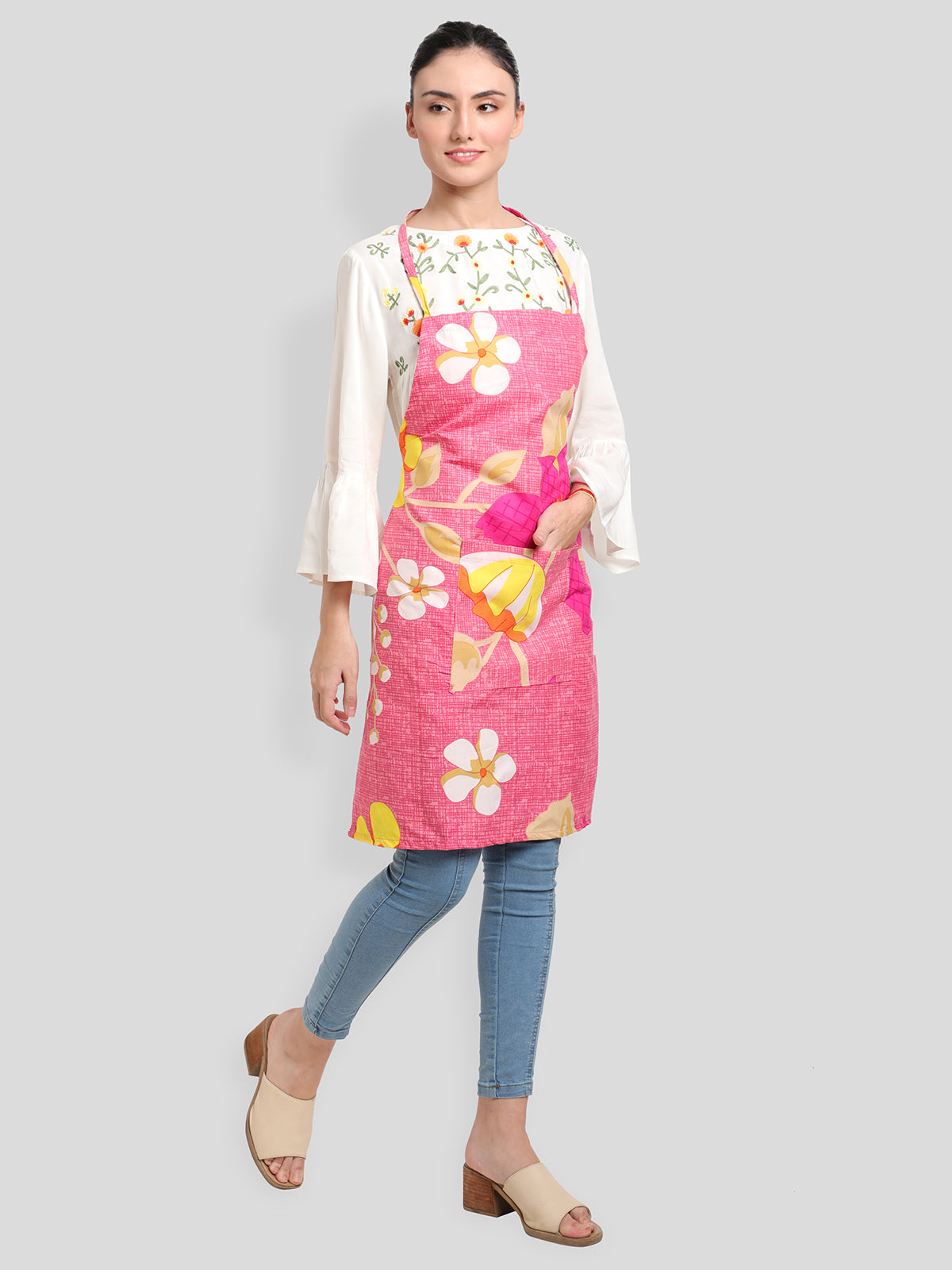 Pink Cotton Floral Patterned Kitchen Apron with Napkin
