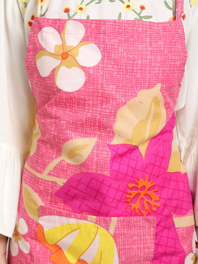 Pink Cotton Floral Patterned Kitchen Apron with Napkin