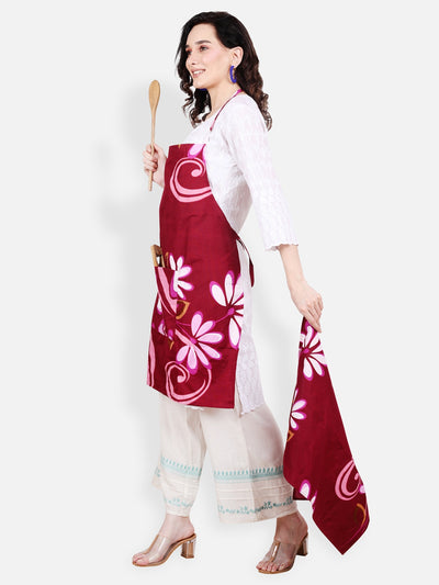 Maroon Cotton Floral Patterned Kitchen Apron with Napkin