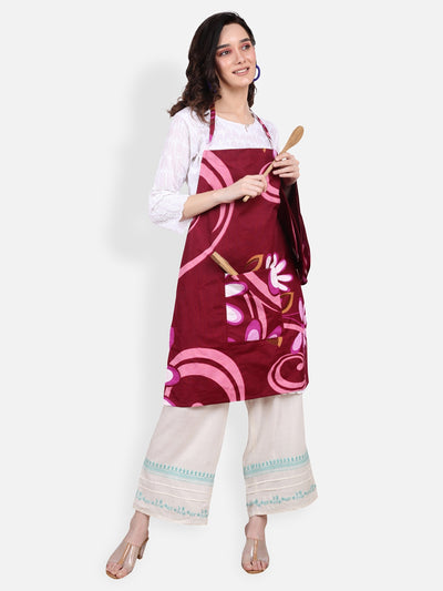 Maroon Cotton Floral Patterned Kitchen Apron with Napkin