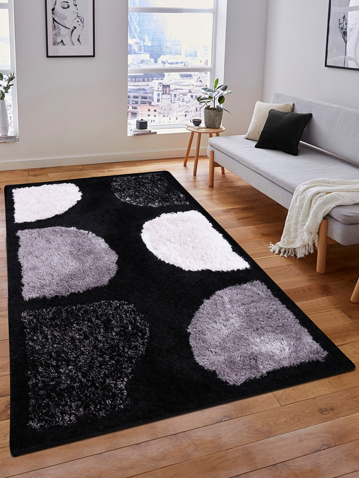 Black & Silver Abstract Anti-Skid Carpet/Rug