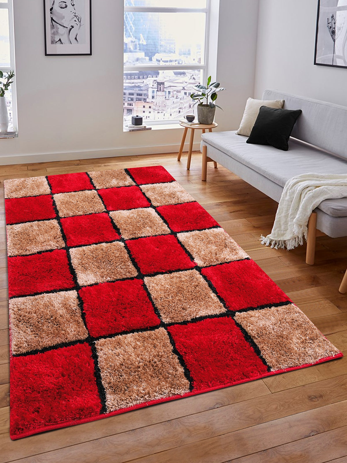 Red & Brown Check Anti-Skid Carpet/Rug