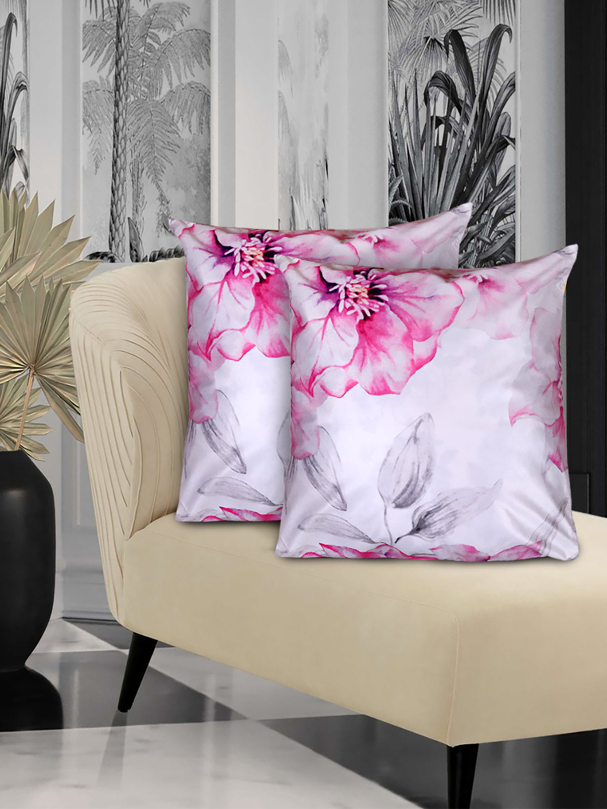 Pink and Off White Set of 2 Cushion Covers 24x24 Inch