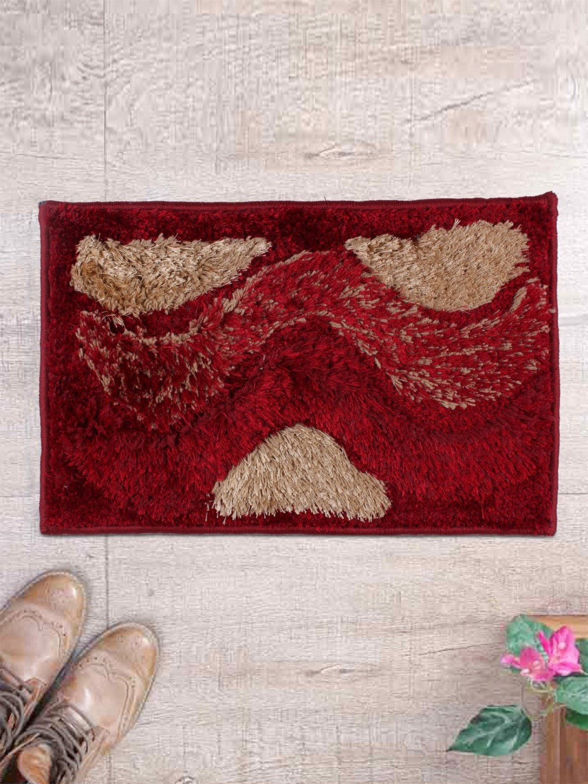 Red & Brown  Abstract Polyester Shaggy Anti-Skid Doormat
