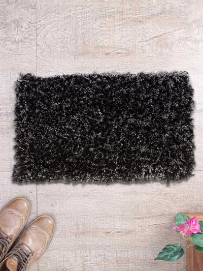 Black & Grey Solids Polyester Shaggy Anti-Skid Doormat