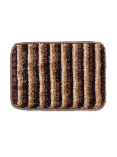 Brown & Gold Striped Polyester Shaggy Anti-Skid Doormat