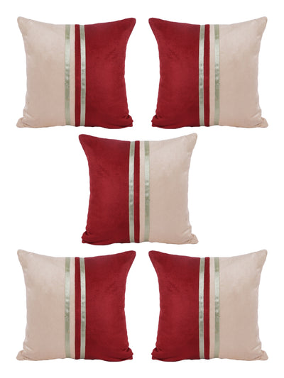 Beige & Maroon Set of 5 Polyester 16 Inch x 16 Inch Cushion Covers