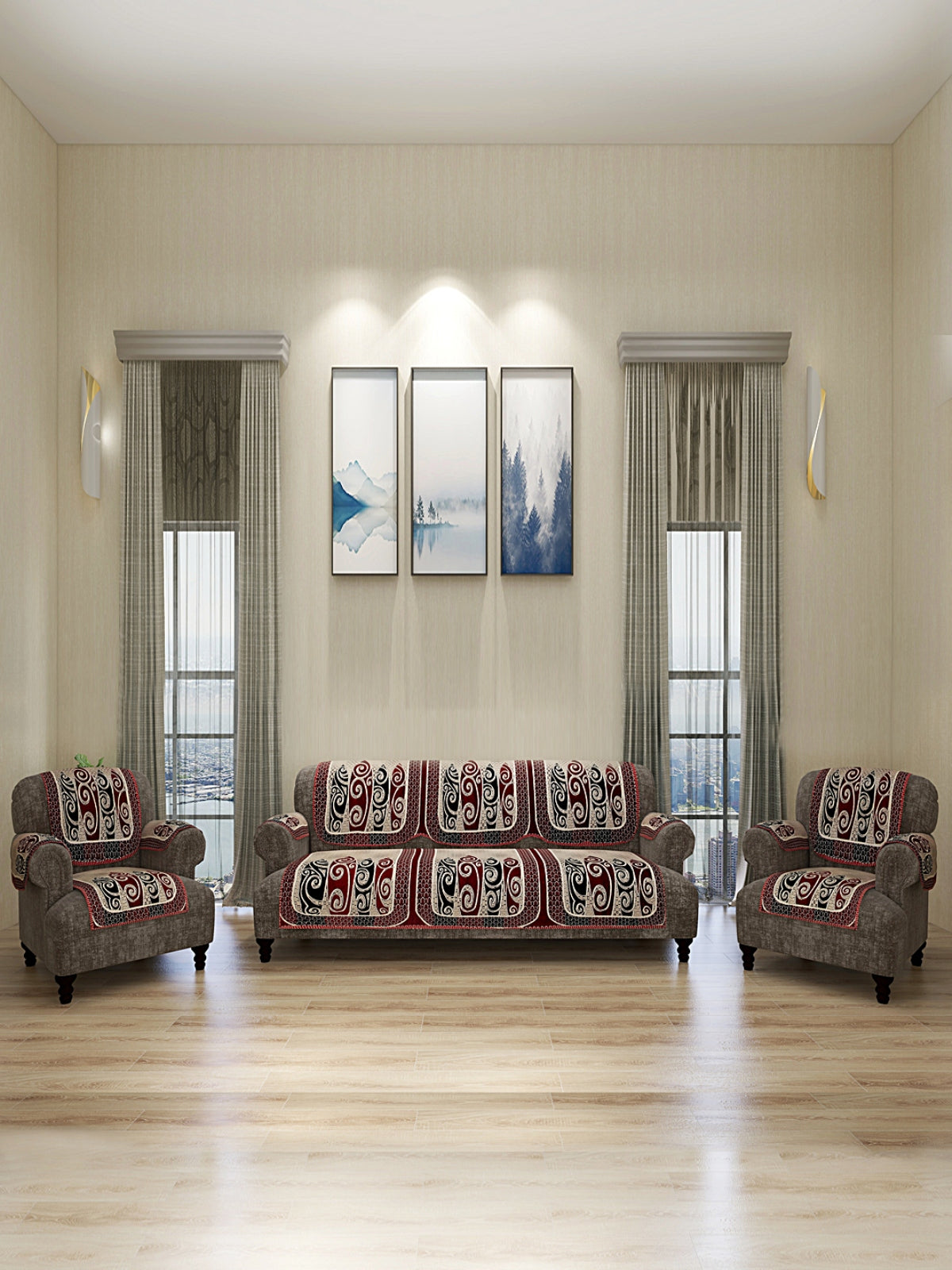 Abstact Design Seater Sofa Cover Set with Arms Cover, (12 Pieces) Beige Maroon