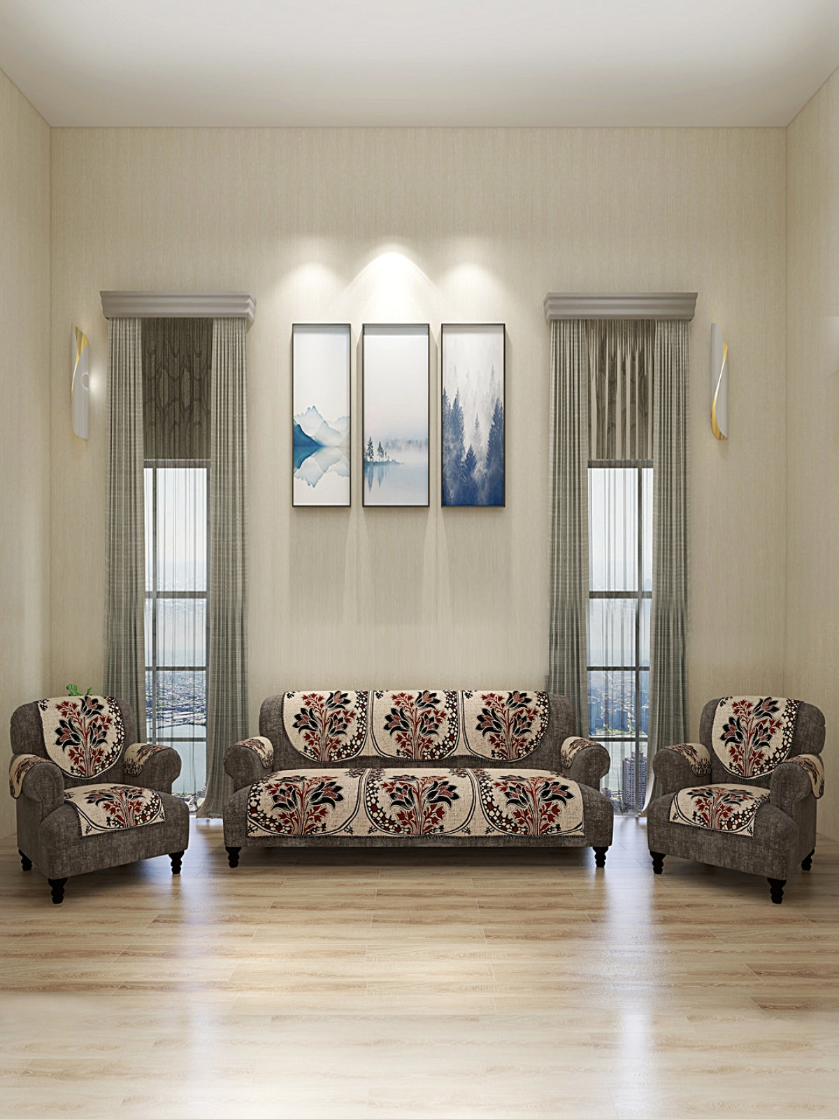 Floral Design 5 Seater Sofa Cover Set with 6 Arms Cover, (12 Pieces) - Cream