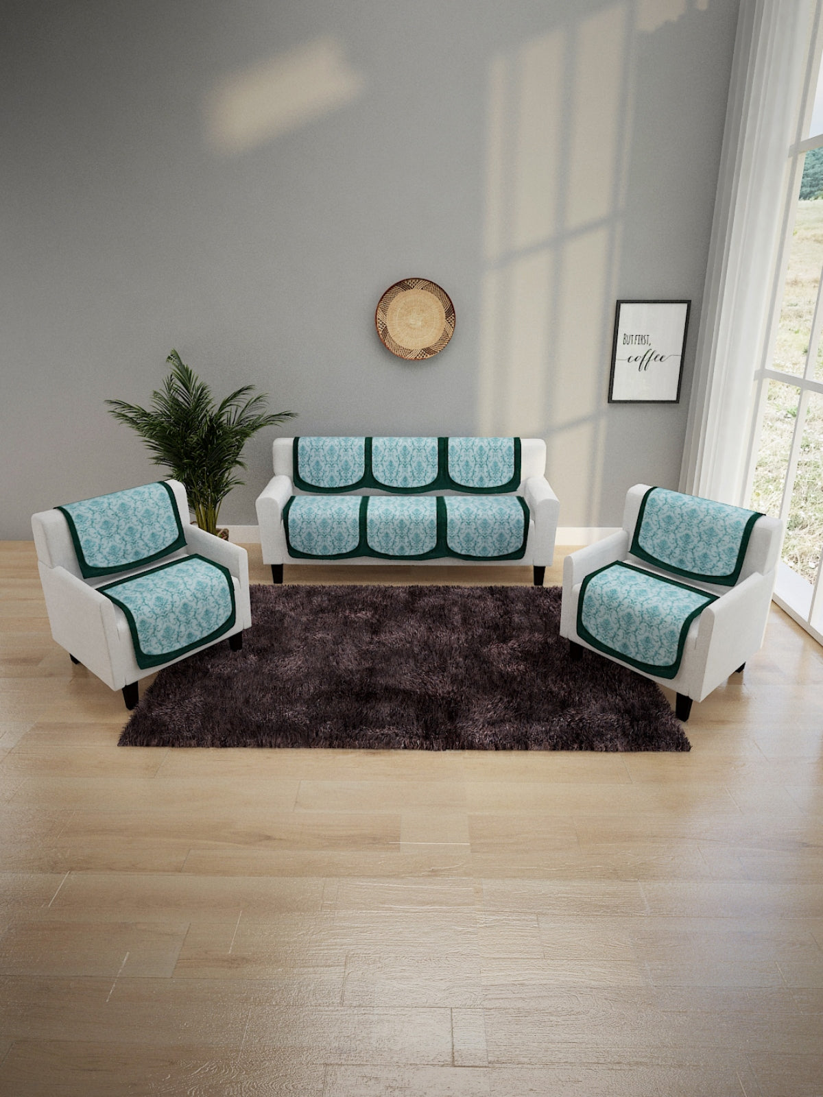 6-Pieces Turquoise Blue Woven Design 5-Seater Sofa Covers