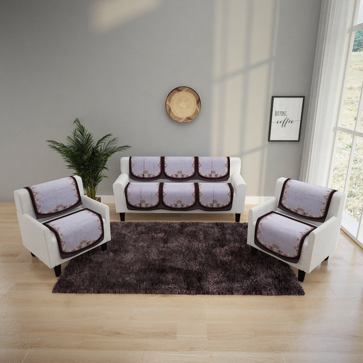 6-Pieces Off White Woven Design 5-Seater Sofa Covers