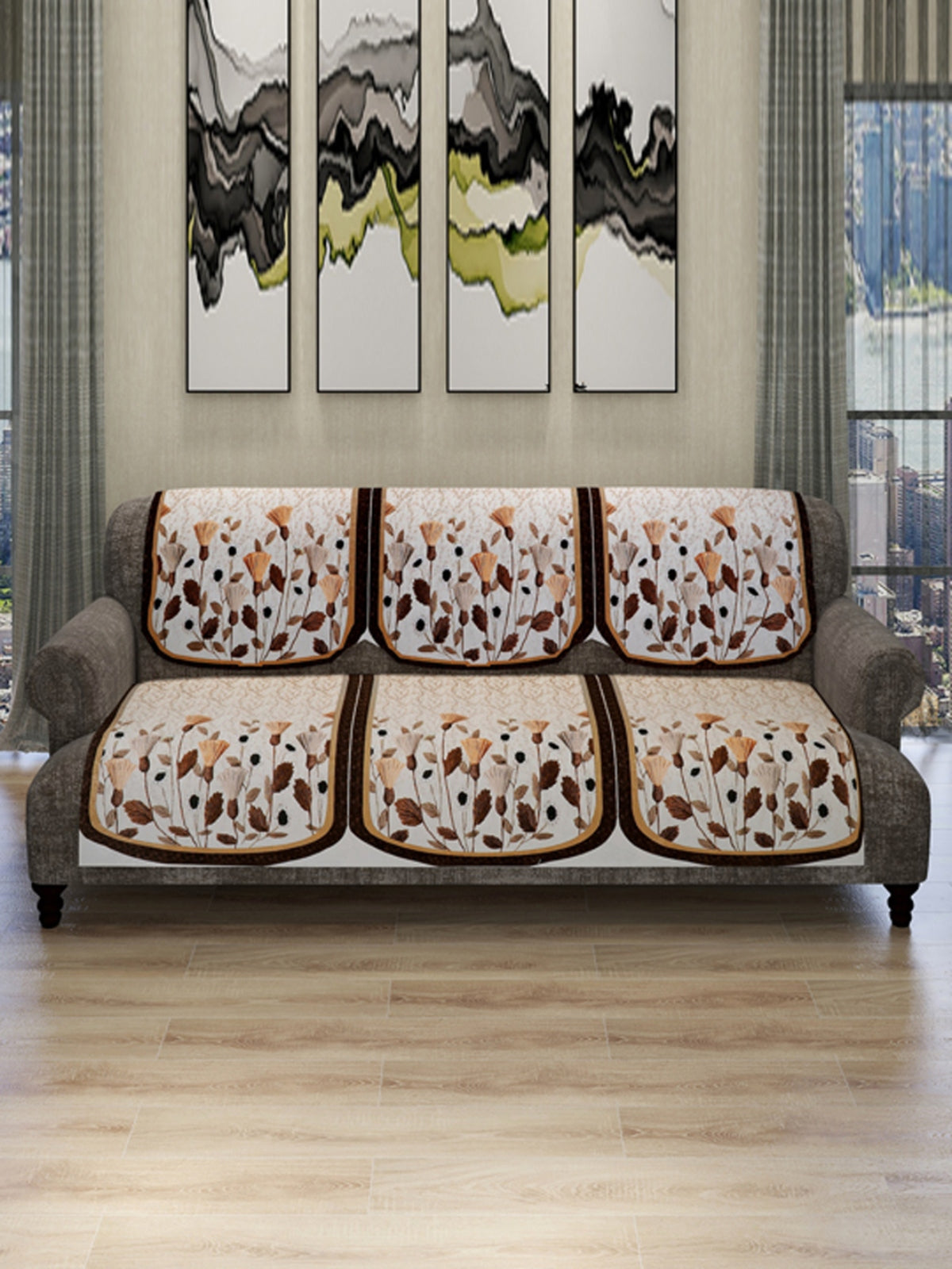Beige Floral Patterned 5 Seater Sofa Cover Set