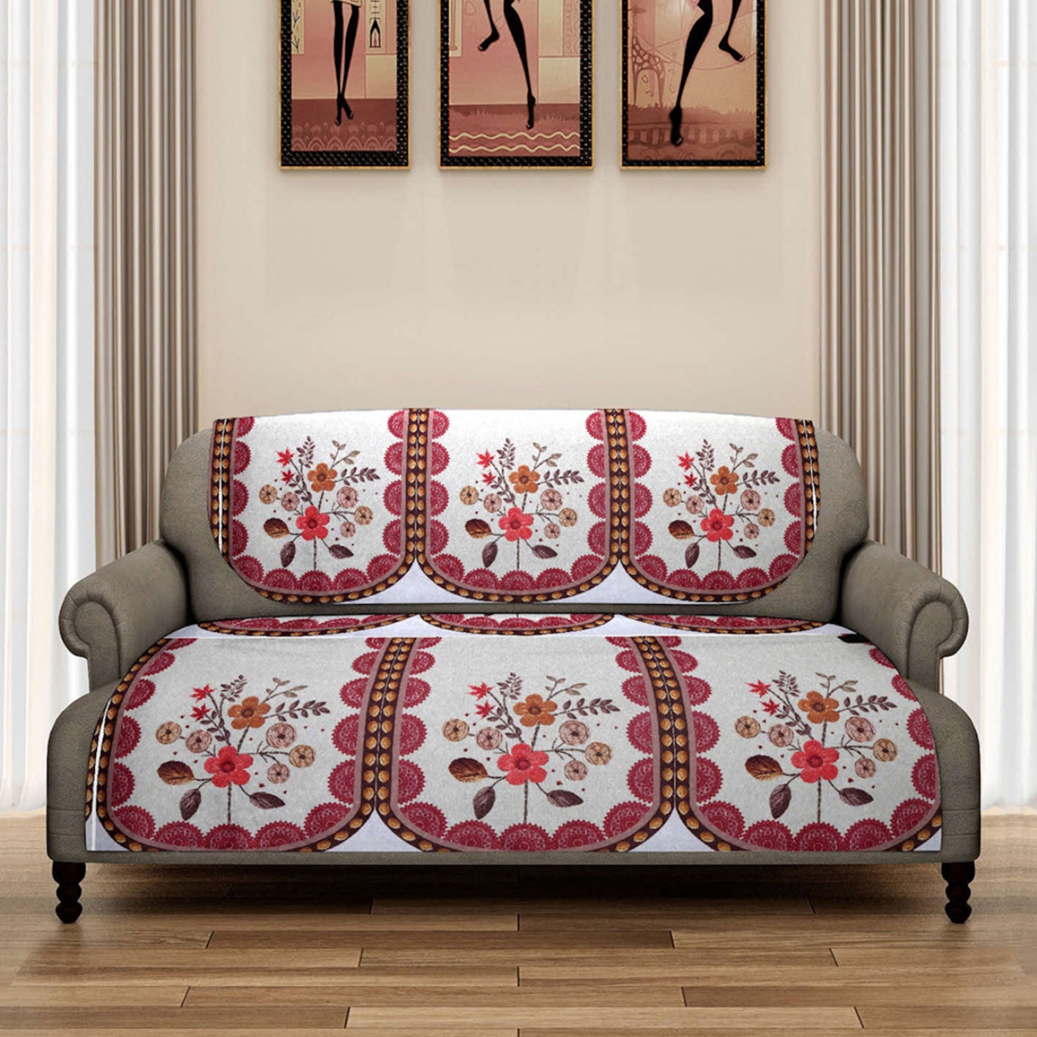 Romee 6-pieces pink & beige floral patterned 5-seater sofa covers slpss20_new
