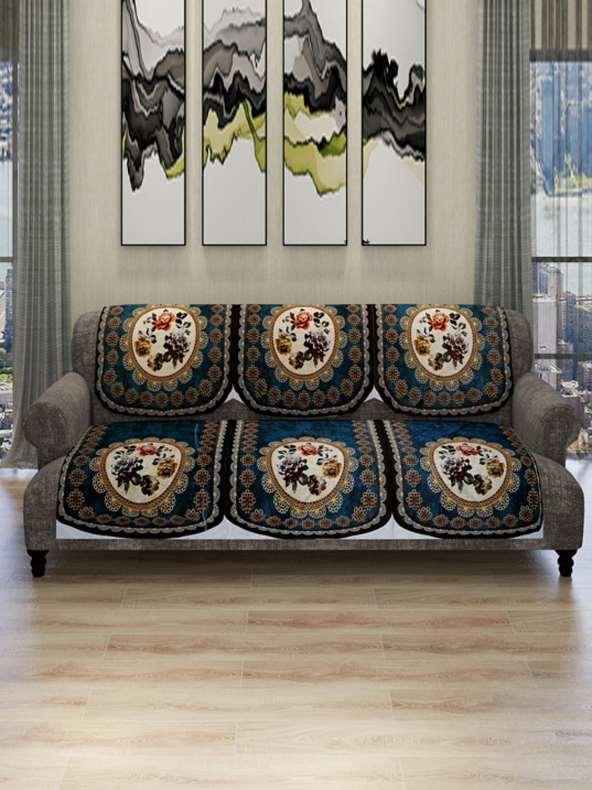 Blue Floral Patterned 5 Seater Sofa Cover Set
