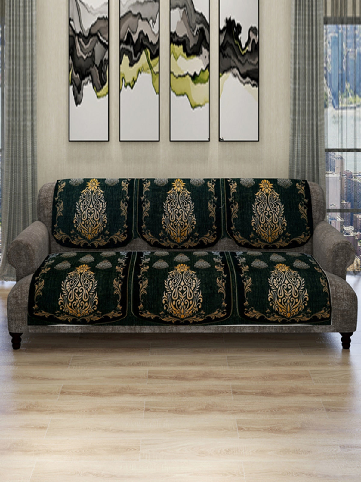 Green & Gold Damask Patterned 5 Seater Sofa Cover Set
