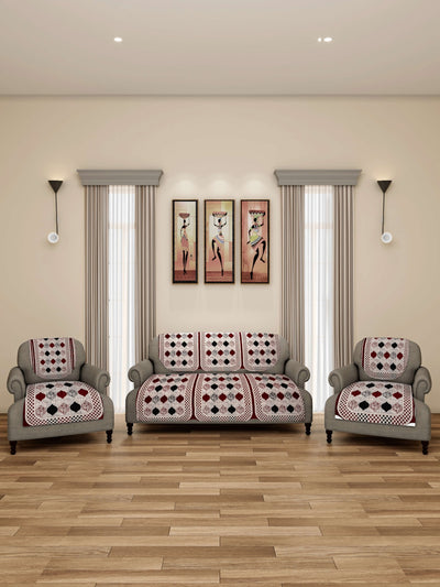 6-Pieces Beige & Maroon Classic Design 5-Seater Sofa Covers