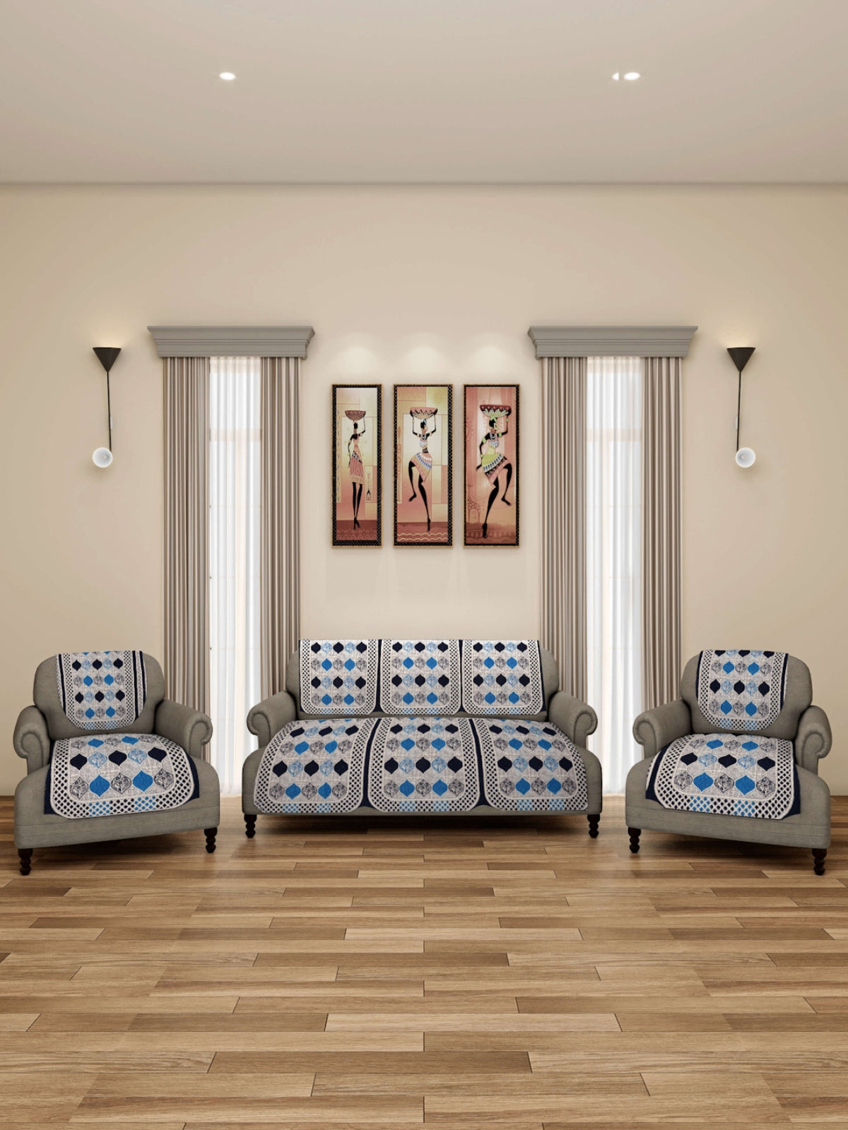6-Pieces Beige & Blue Classic Design 5-Seater Sofa Covers
