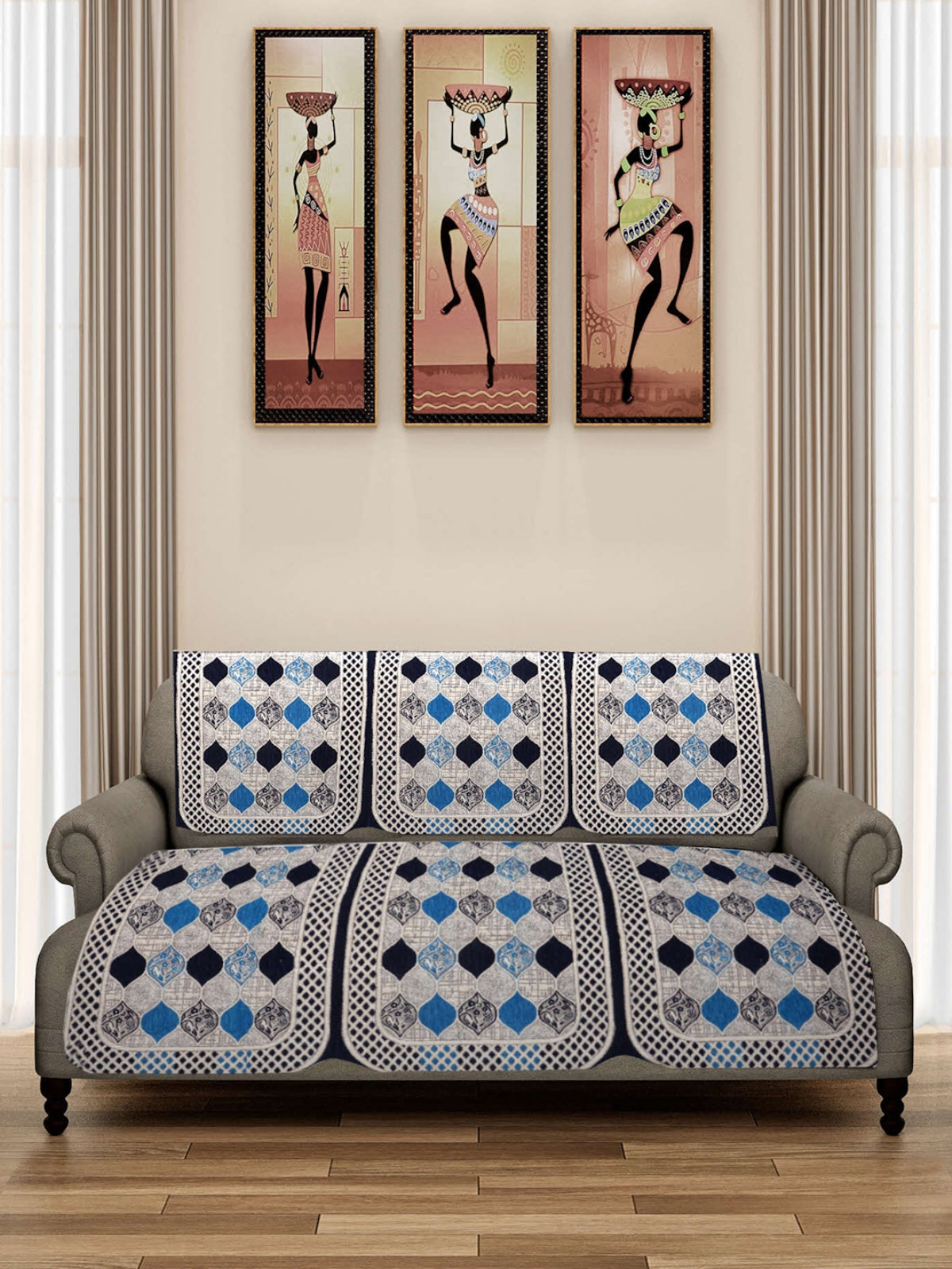 6-Pieces Beige & Blue Classic Design 5-Seater Sofa Covers