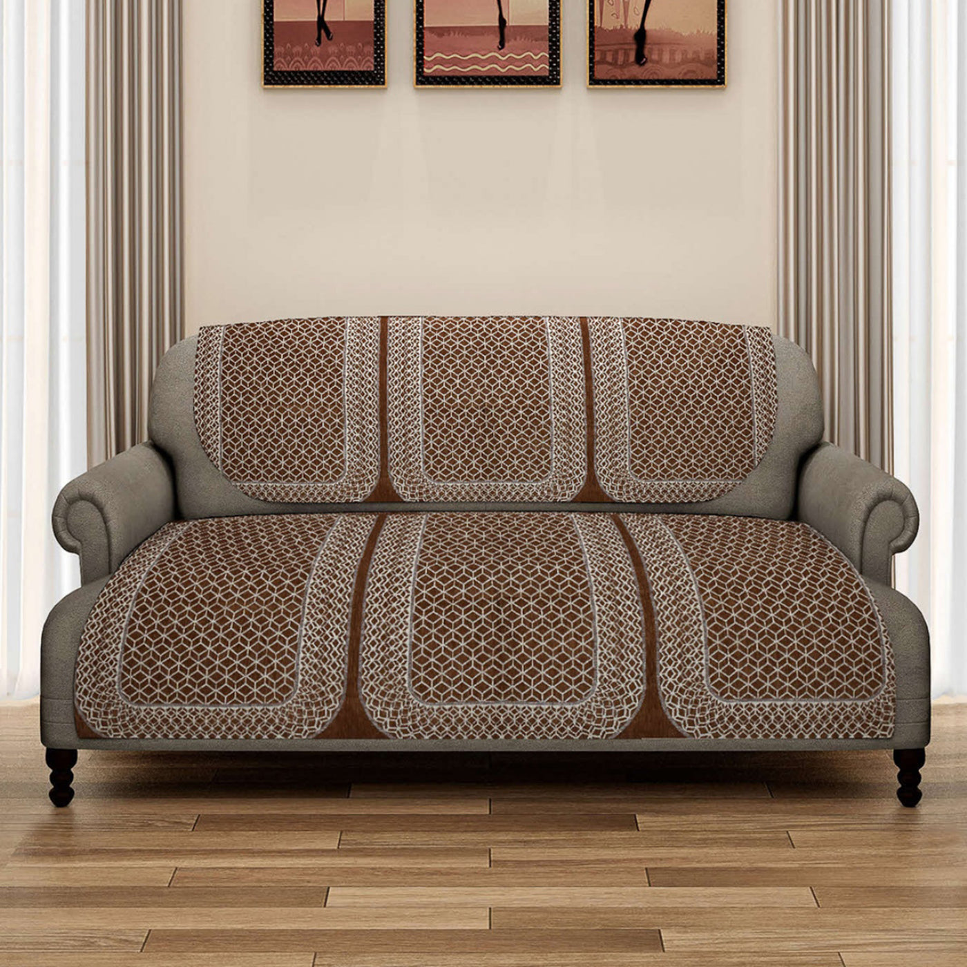 Romee 6-pieces brown geometric patterned 5-seater sofa covers slpss70