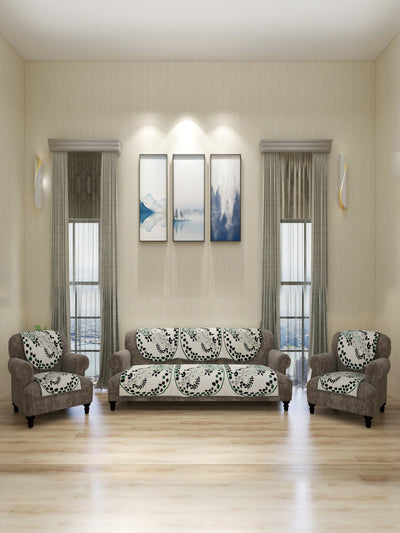 Floral Design 5 Seater Sofa Cover Set , (6 Pieces) - Cream & Green