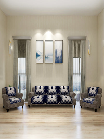 Check Design Sofa Cover Set of 5 Seater, (6 Pieces) - Blue