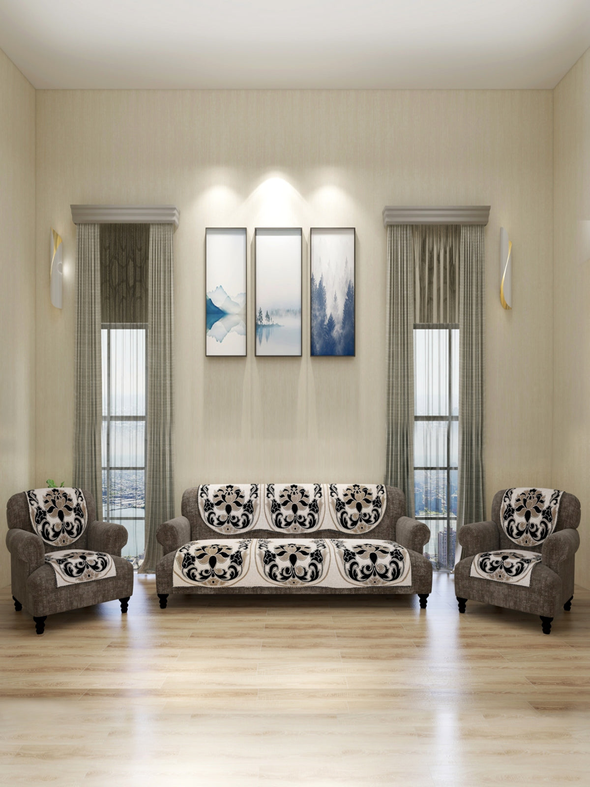 Damask Design Sofa Cover Set of 5 Seater, (6 Pieces) - Cream & Beige