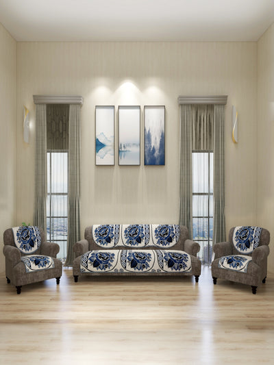 Floral Design Sofa Cover Set of 5 Seater, (6 Pieces) - Cream & Blue