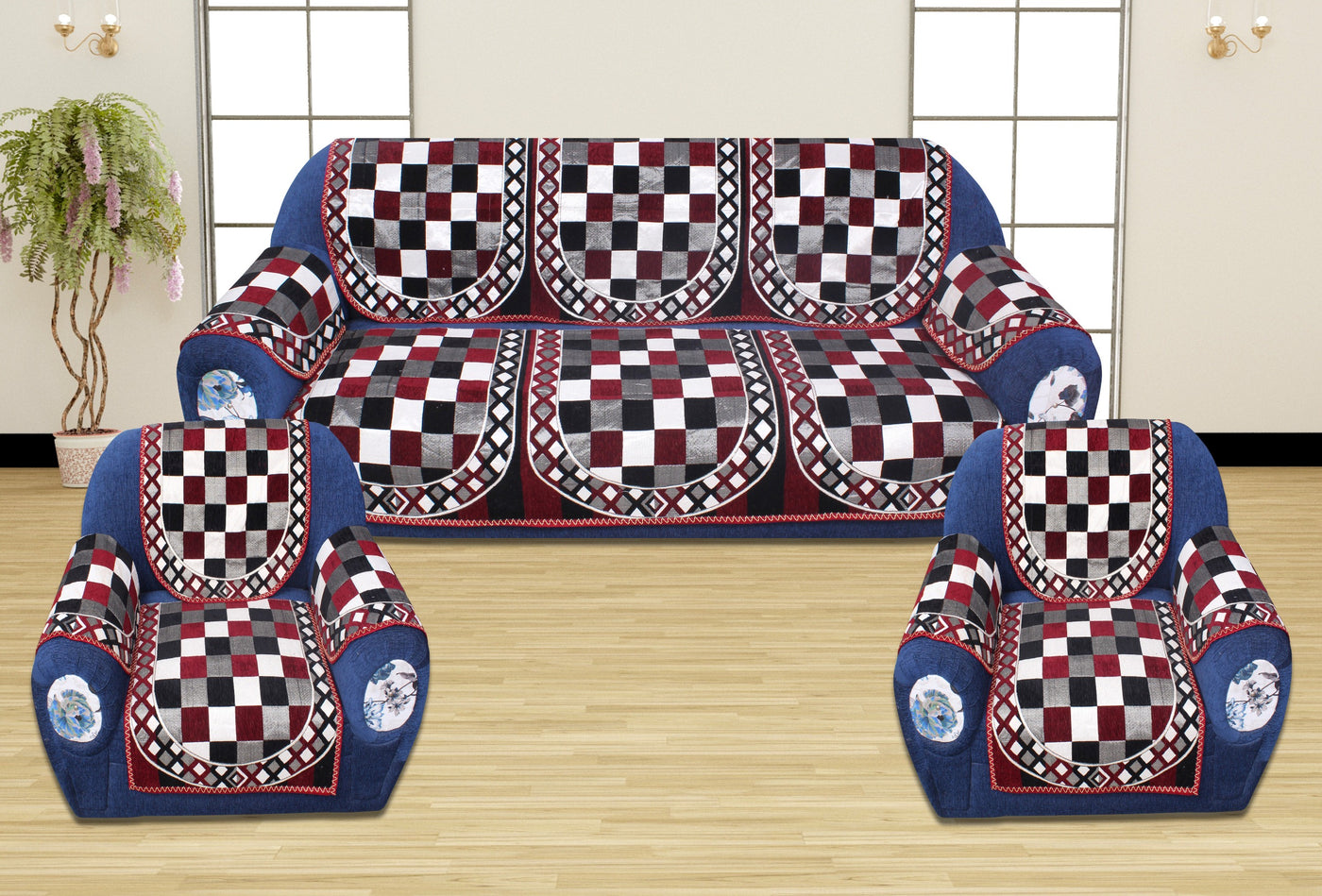 Checkered 6 Piece Polyester Sofa Cover Set