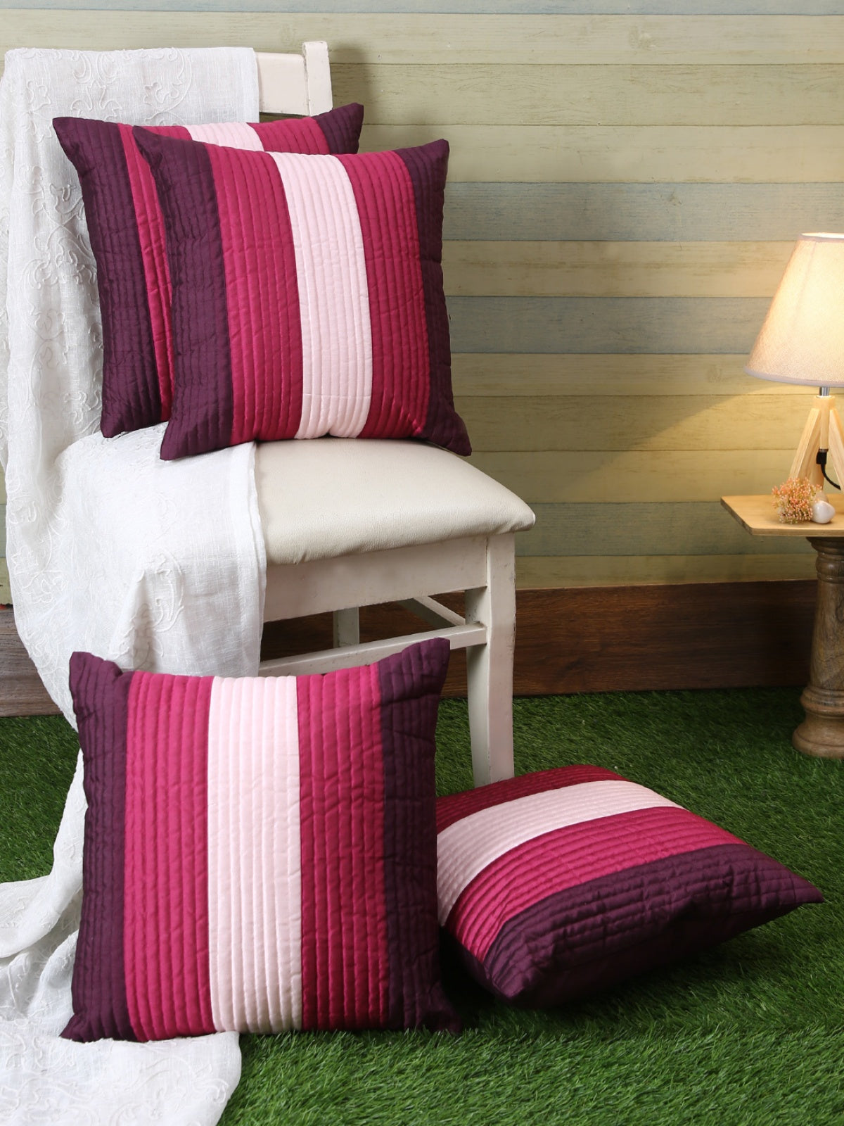 Striped Printed Polyester Cushion Cover Set of 5 - Pink & Purple