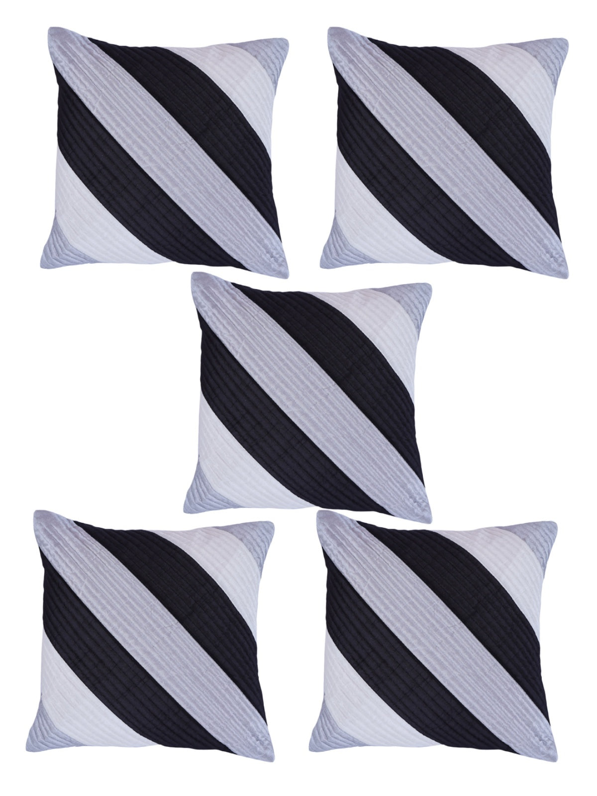 Striped Printed Polyester Cushion Cover Set of 5 - White & Navy Blue