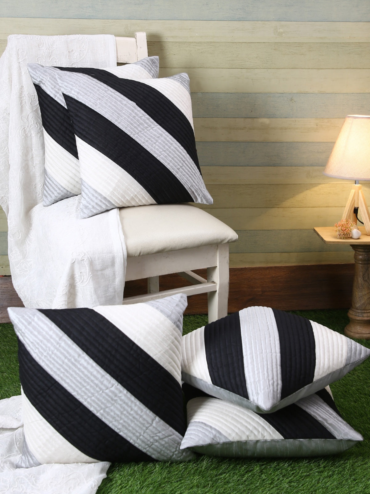 Striped Printed Polyester Cushion Cover Set of 5 - White & Navy Blue
