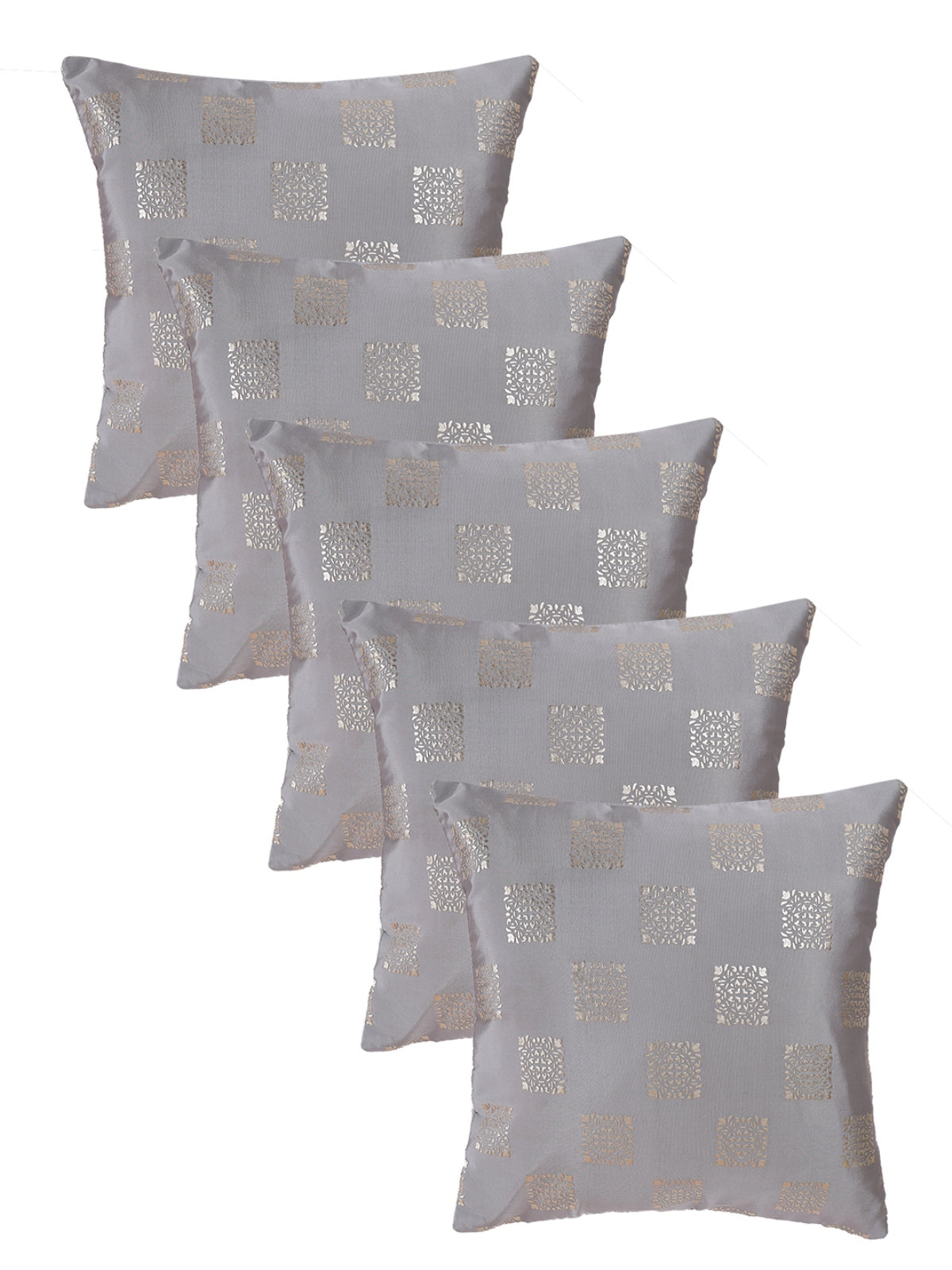 Polyester Ethnic Motifs Design Cushion Covers 16x16 Inches, Set of 5 - Silver