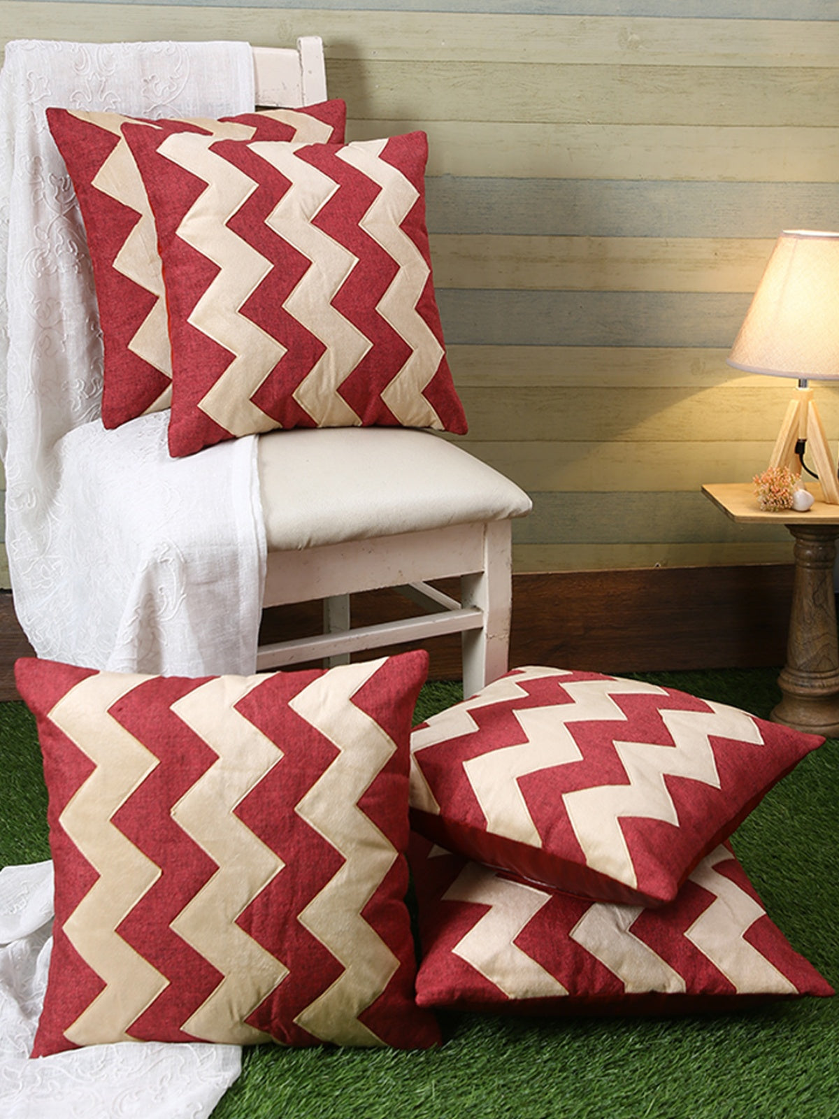 Polyester ZigZag Design Cushion Covers 16x16 Inches, Set of 5 - White & Pink