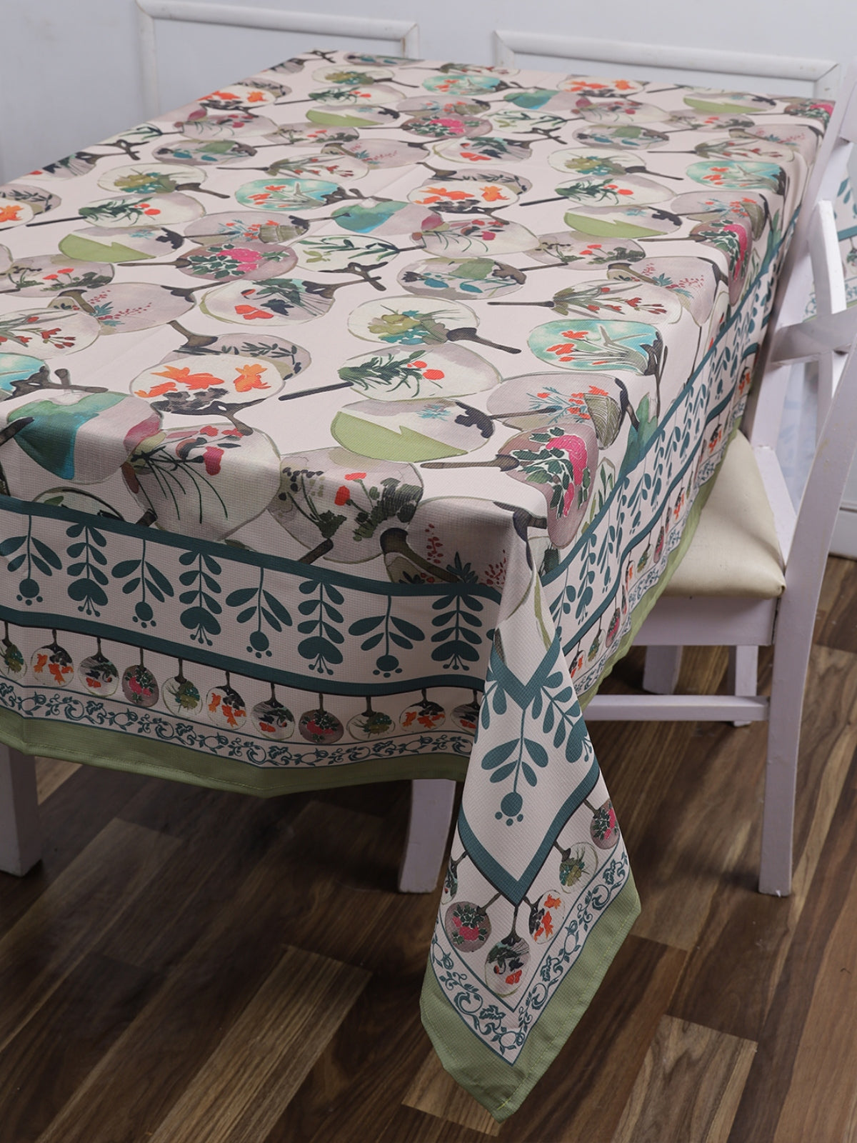Polyester Floral Printed Dining Table Cover Cloth 60x90 Inch - Beige & Green