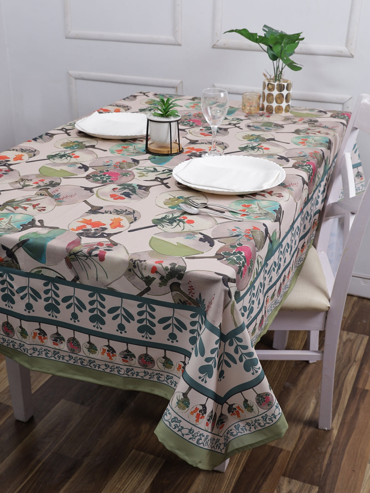 Polyester Floral Printed Dining Table Cover Cloth 60x90 Inch - Beige & Green
