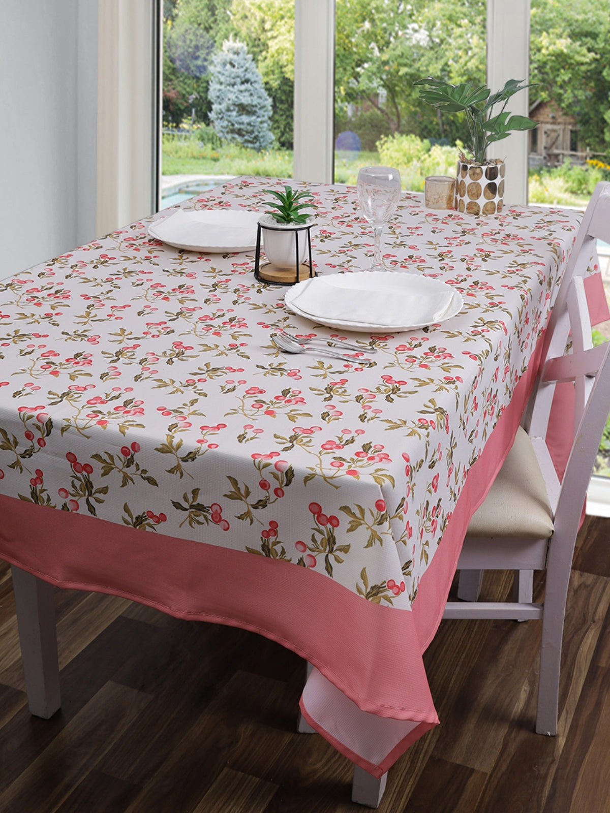 Polyester Floral Printed Dining Table Cover Cloth 60x90 Inch - Cream