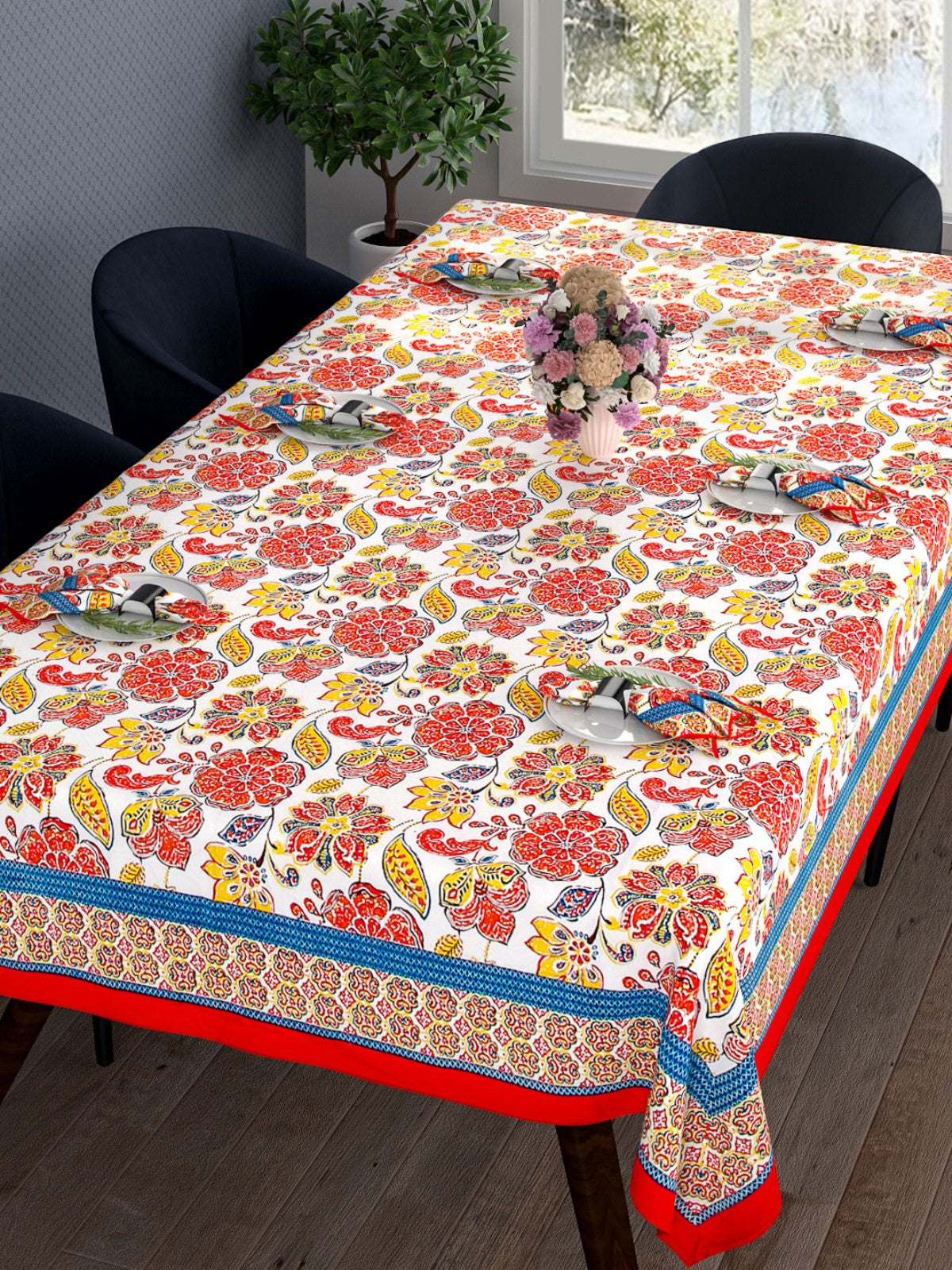 Floral Printed 9 Dining Table Cover 6 Seater With Napkin