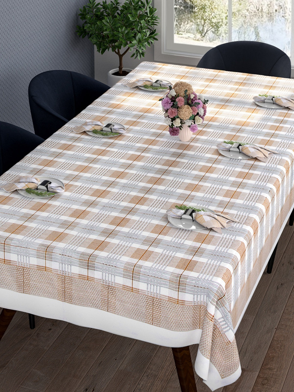Checked Printed 9 Dining Table Cover 6 Seater With Napkin