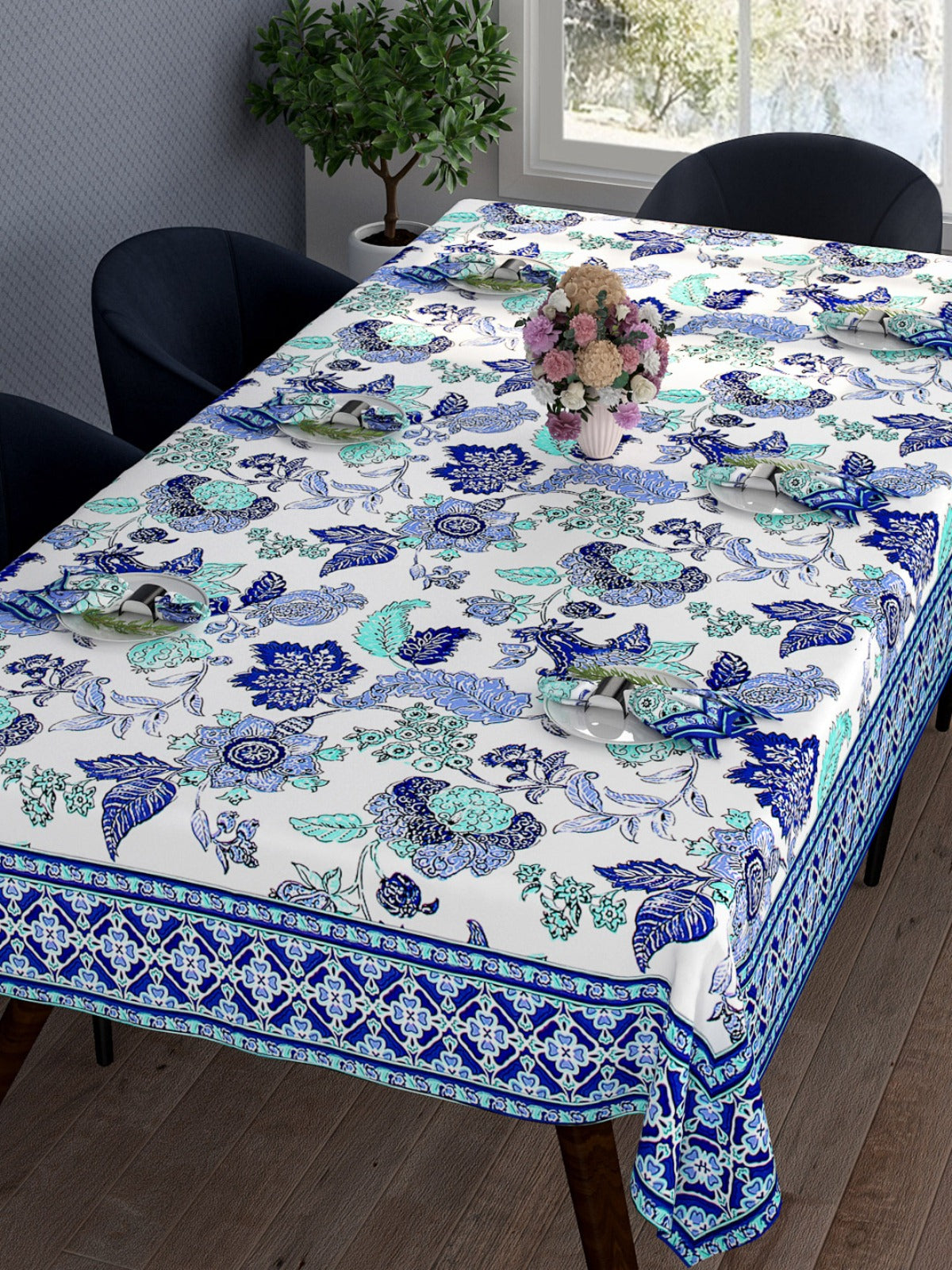 Floral Printed 9 Dining Table Cover 6 Seater With Napkin