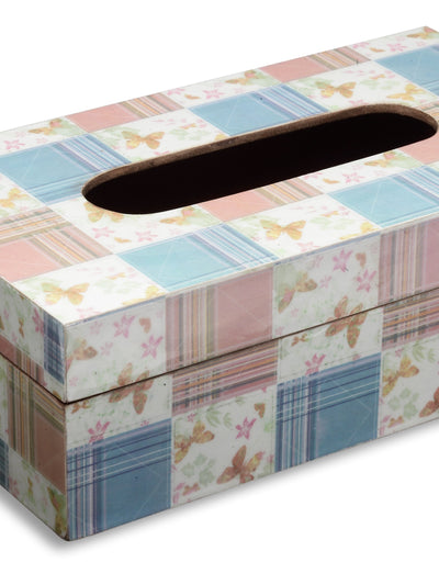 Blue & Peach Butterfly Patterned Wooden Tissue Box Holder